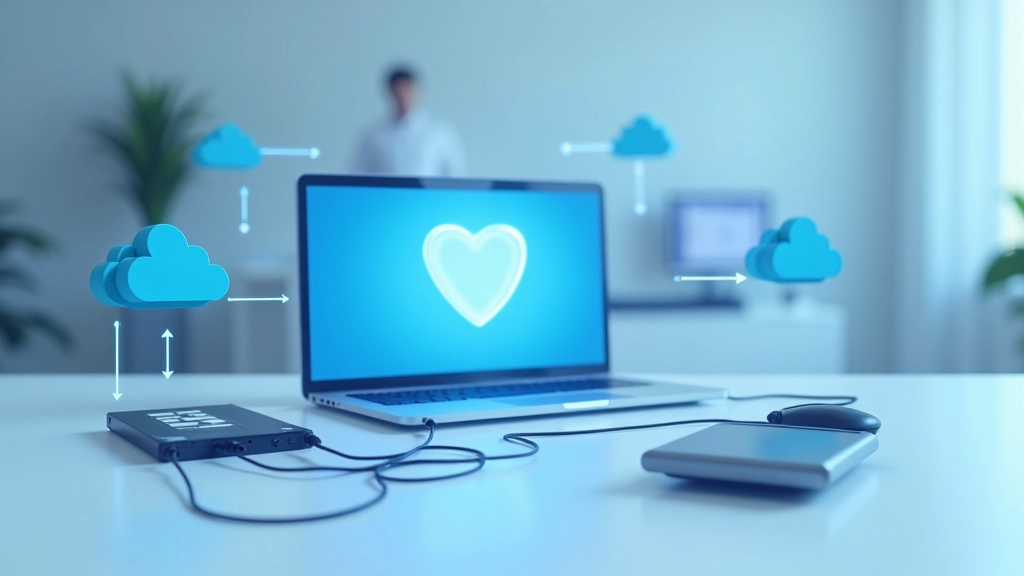 Rappresentazione visiva di un backup process con frecce che indicano il trasferimento di dati da un computer a un'unità esterna e al cloud