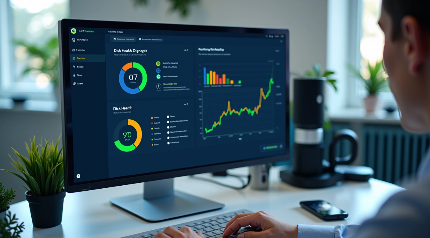 Monitor computer che mostra il software di diagnostica del disco con grafici di salute in tempo reale