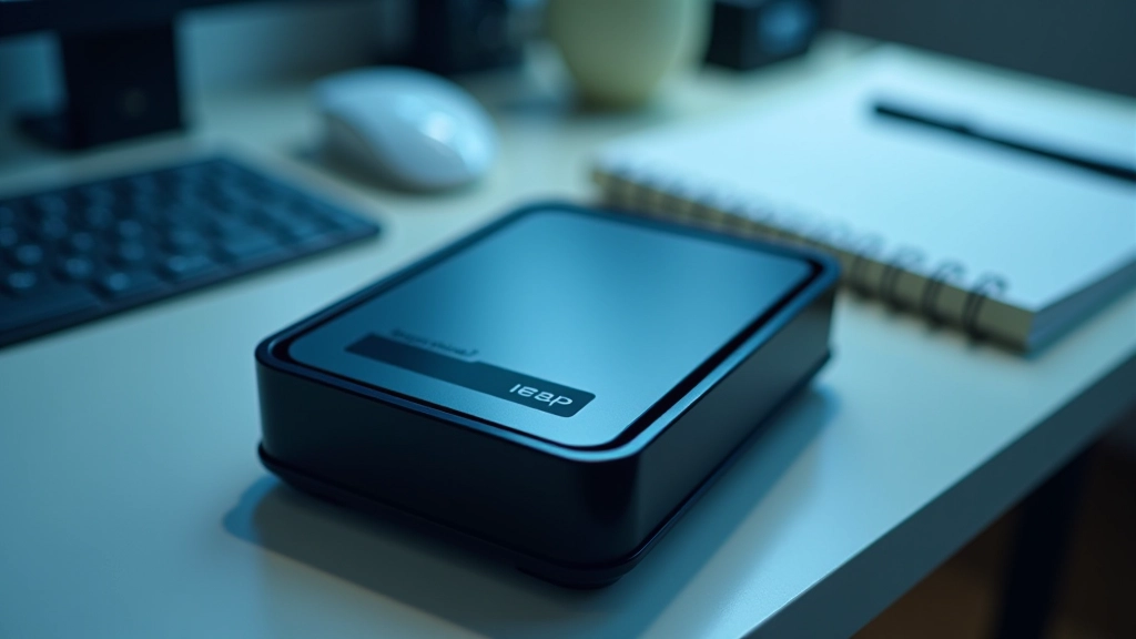 Hard disk esterno offline conservato in scatola protettiva su scrivania ordinata