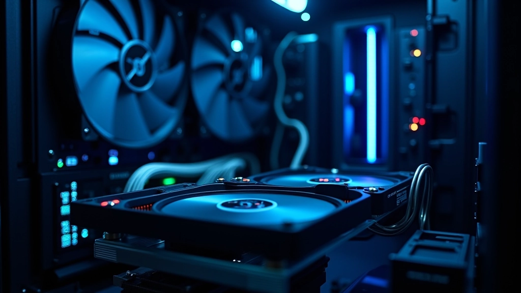 Interno di un case computer con ventole di raffreddamento in funzione, dissipatori termici e flusso d'aria visibile, ambiente pulito e organizzato