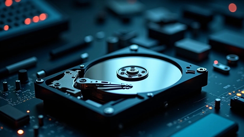 Disco rigido interno aperto su un banco di lavoro tecnico con strumenti diagnostici