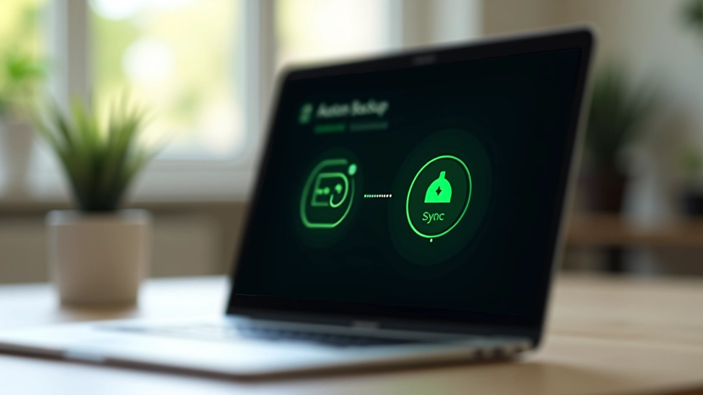 Backup automatico in corso su un laptop con icone di sincronizzazione verde