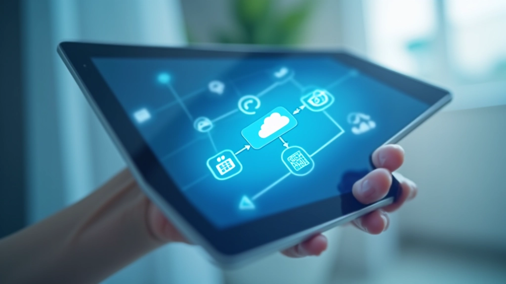 Simboli di cloud computing e sincronizzazione dati visualizzati su schermo di tablet moderno