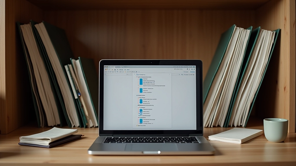 Libreria con cartelle di file fisici organizzati accanto a un computer portatile che mostra la struttura delle cartelle