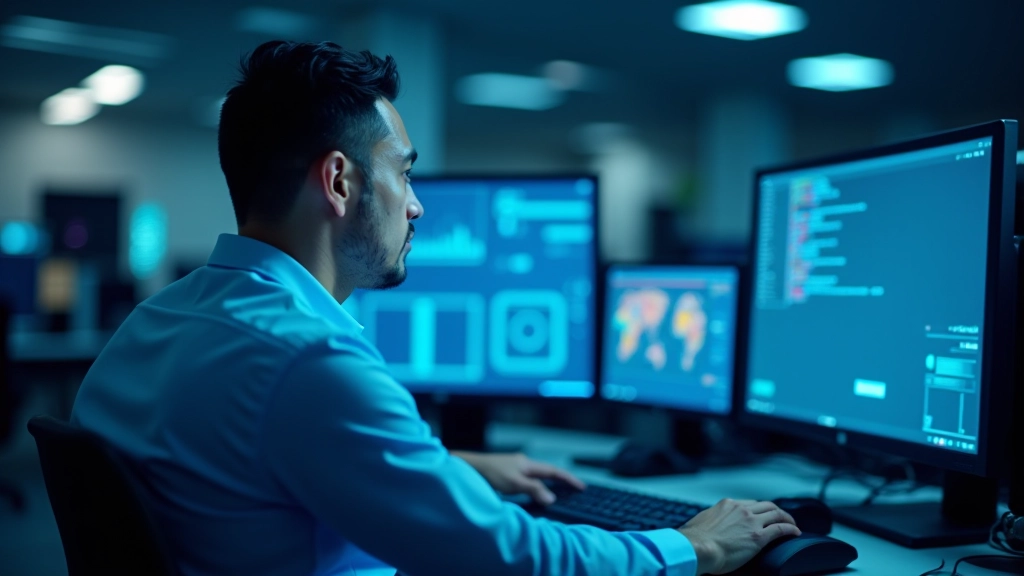 Professionista che analizza dati di monitoraggio del disco rigido su schermo, laboratorio di assistenza tecnica moderno