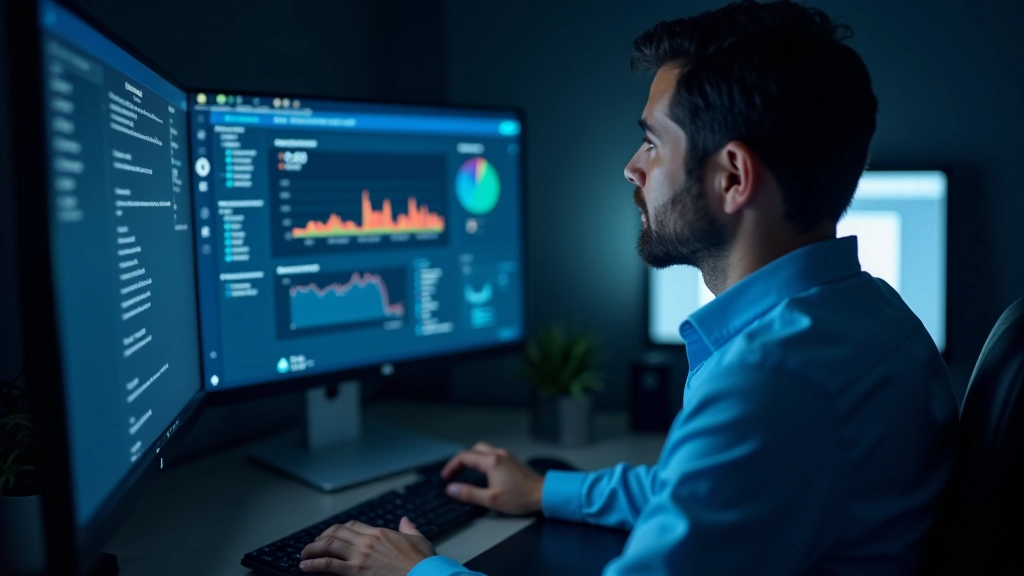 Tecnico che esamina il software di monitoraggio con metriche dettagliate su uno schermo