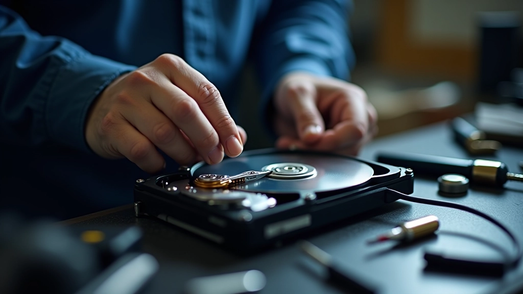 Mani di un tecnico che collegano cavi di diagnostica a un disco rigido aperto su un banco di lavoro