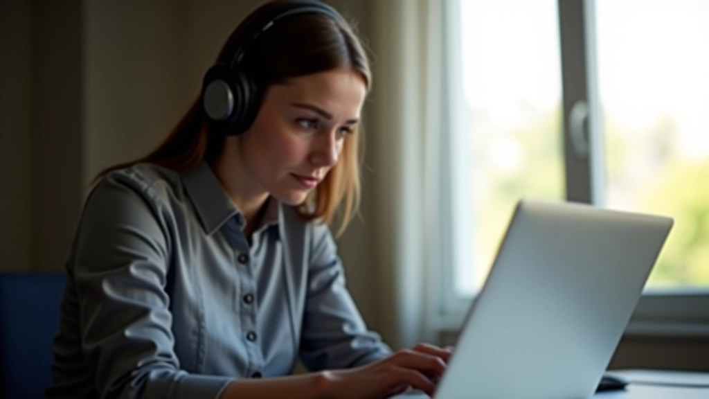 Persona che indossa cuffie e ascolta attentamente un computer portatile per individuare rumori anomali